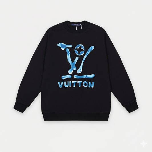 Black Louis Vuitton sweatshirt with blue logo on a white background