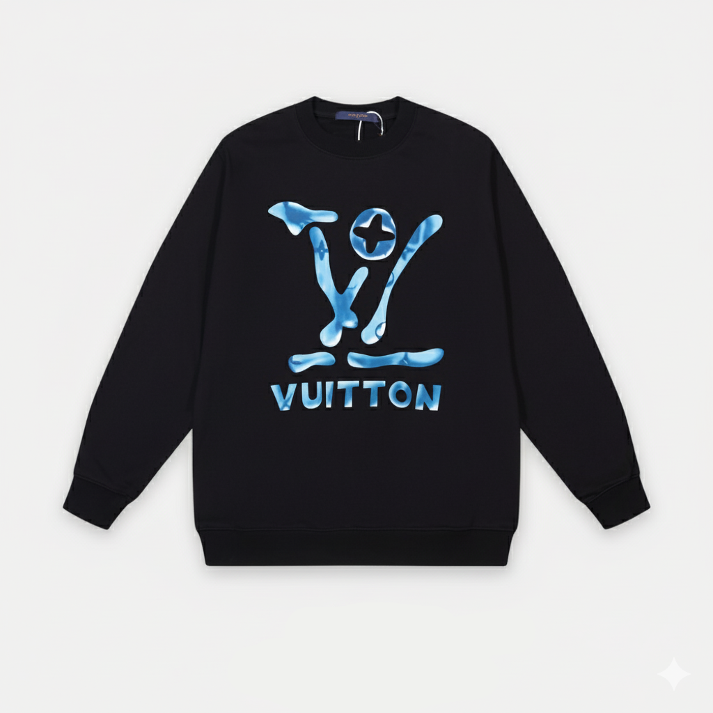 Black Louis Vuitton sweatshirt with blue logo on a white background